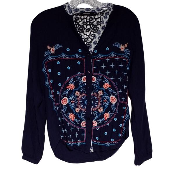 Desigual Womens Button Down Up Top Long Sleeve Embroidered Cut Out Size XS - Picture 1 of 5